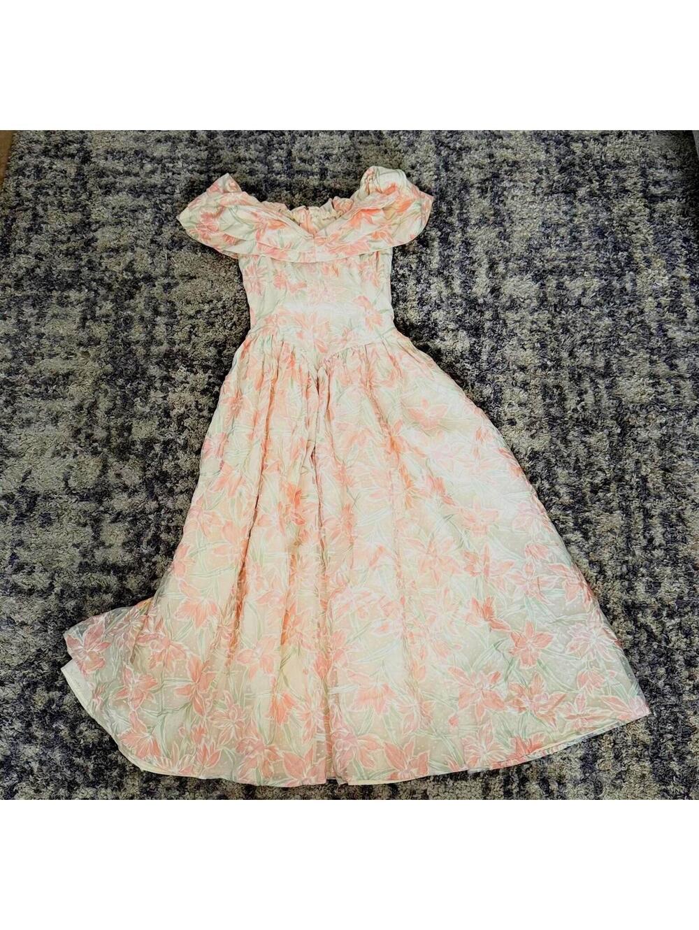 Blush Pink Floral Chiffon Midi Dress Off Shoulder Coquette 80s S Vintage - Picture 3 of 7